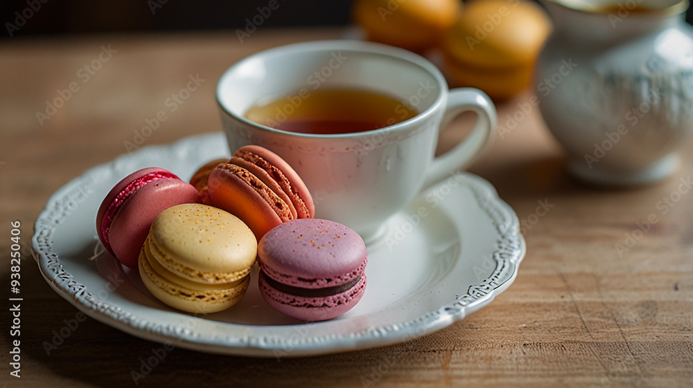 A Close-up Of Colorful French Macarons Arranged Neatly On A Delicate Plate, With A Cup Of Tea Beside Them, Food Image A Close-up Of Colorful French Macarons Arranged Neatly On A Delicate Plate, With A Cup Of Tea Beside Them, Food Image
