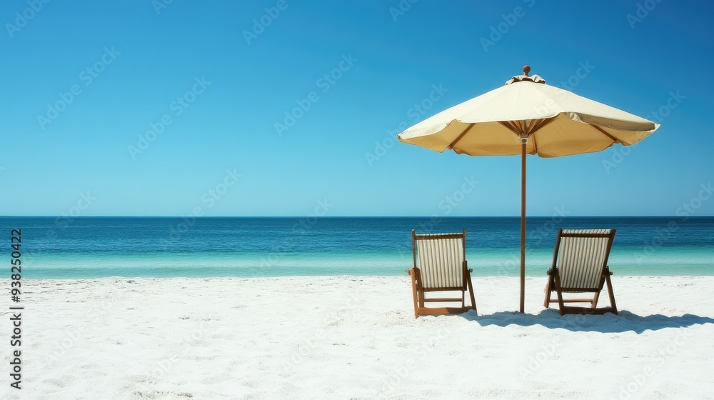 Simple scene of a beach umbrella and two chairs on pristine white sand, with a calm sea in the distance. Simple scene of a beach umbrella and two chairs on pristine white sand, with a calm sea in the distance.