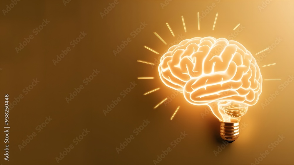 A human brain lightbulb on solid gold background golden light premium ...