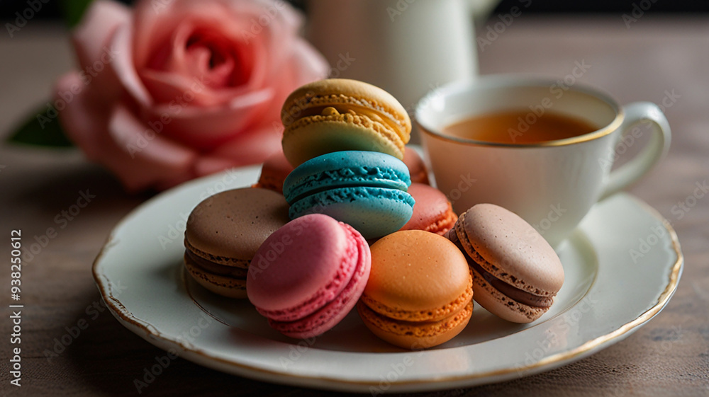 Obraz premium A Close-up Of Colorful French Macarons Arranged Neatly On A Delicate Plate, With A Cup Of Tea Beside Them, Food Image