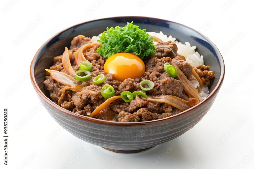 Delicious Beef and Rice Bowl with Raw Egg - A bowl of Japanese beef and rice, known as gyudon, with a raw egg on top. The dish is garnished with green onions and a sprig of parsley. This is a hearty a Delicious Beef and Rice Bowl with Raw Egg - A bowl of Japanese beef and rice, known as gyudon, with a raw egg on top. The dish is garnished with green onions and a sprig of parsley. This is a hearty a
