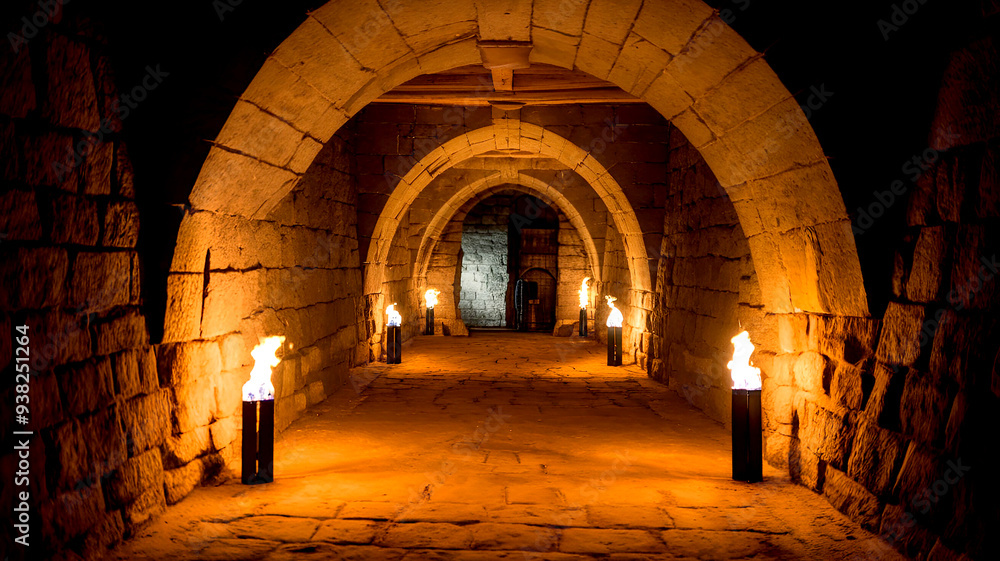 A Glimpse of the Past, Medieval Dungeon Corridor with Stone Walls and Torches Casting an Eerie Glow A Glimpse of the Past, Medieval Dungeon Corridor with Stone Walls and Torches Casting an Eerie Glow
