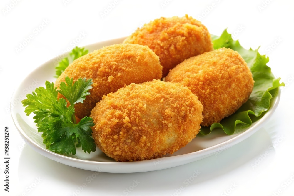 Crispy Fried Breaded Chicken Bites on White Plate with Parsley Garnish - Four golden brown breaded chicken bites, freshly fried and served on a white plate with a garnish of fresh parsley. Delicious, Crispy Fried Breaded Chicken Bites on White Plate with Parsley Garnish - Four golden brown breaded chicken bites, freshly fried and served on a white plate with a garnish of fresh parsley. Delicious,