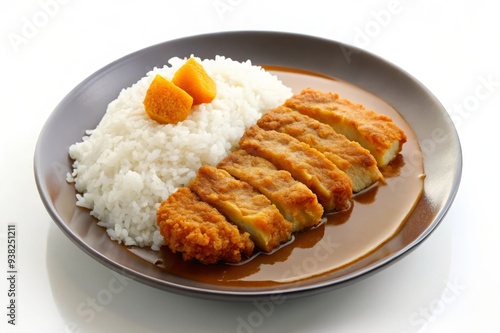 Delicious Japanese Curry Rice with Crispy Chicken Cutlet - A plate of Japanese curry rice, featuring a generous serving of white rice topped with a crispy chicken cutlet, bathed in a rich, savory curr photo