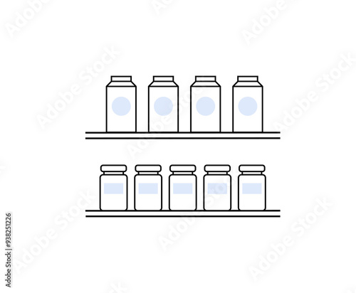 Two shelves with various containers and jars, depicted in minimalist style with black outlines. Light blue labels on a white background, ideal for storage or organization themes