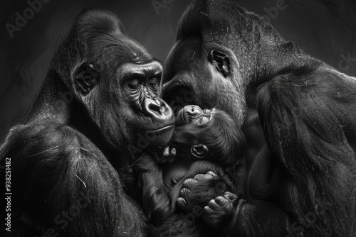 group of gorillas sitting next to each other, family of gorillas shares tender moment, their close knit bonds evident in their gentle gestures and expressions photo