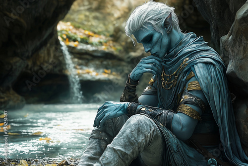 contemplative drow with intricate tattoos sitting by a quiet stream in a shadowy grotto