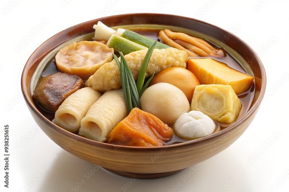 Delicious Japanese Oden Soup with Variety of Ingredients - A close-up shot of a bowl of oden, a traditional Japanese hot pot dish. The bowl contains various ingredients like fish cakes, daikon radish, Delicious Japanese Oden Soup with Variety of Ingredients - A close-up shot of a bowl of oden, a traditional Japanese hot pot dish. The bowl contains various ingredients like fish cakes, daikon radish,