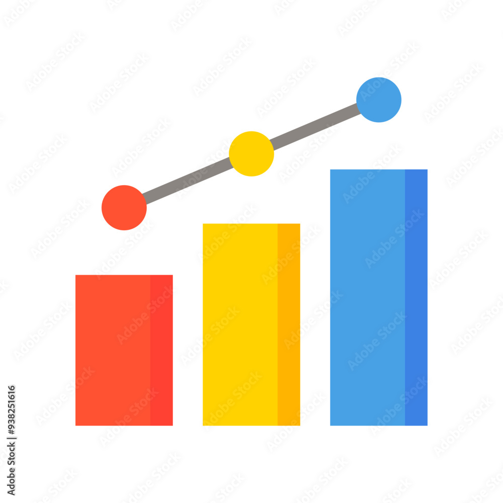 Business bar chart with upward increasing line Icon, Data analysis, market research, performance, growth concept. Flat vector design illustration. Business bar chart with upward increasing line Icon, Data analysis, market research, performance, growth concept. Flat vector design illustration.