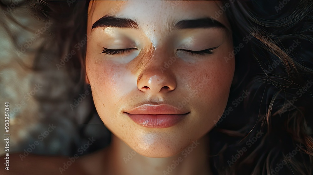 A calm woman with closed eyes and a gentle smile, highlighting her healthy skin and natural beauty. A calm woman with closed eyes and a gentle smile, highlighting her healthy skin and natural beauty.