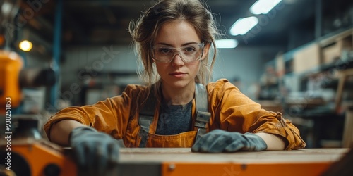 Skilled Female Carpenter Working Precisely with Power Tools