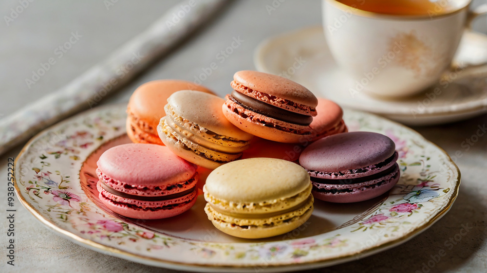 A Close-up Of Colorful French Macarons Arranged Neatly On A Delicate Plate, With A Cup Of Tea Beside Them, Food Image A Close-up Of Colorful French Macarons Arranged Neatly On A Delicate Plate, With A Cup Of Tea Beside Them, Food Image