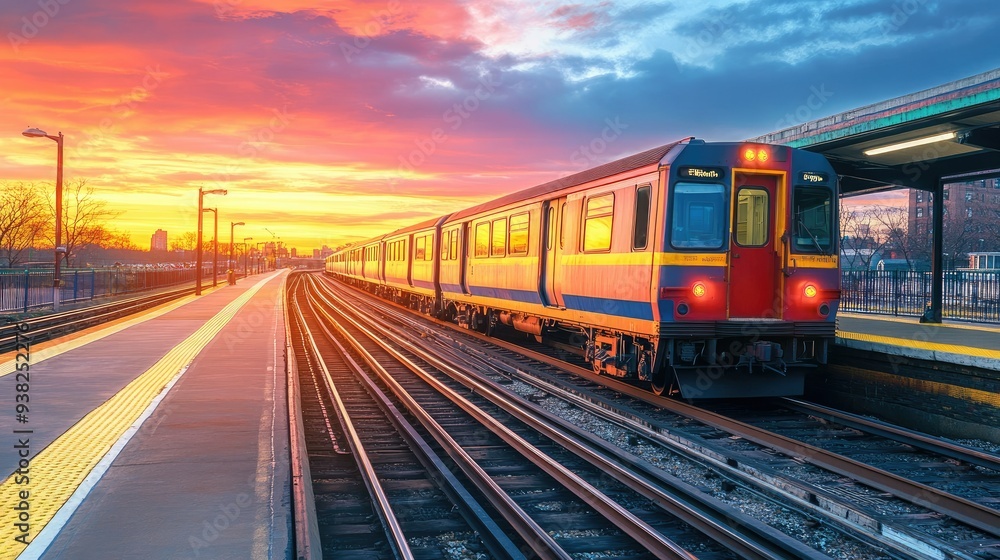 Fototapeta premium A colorful commuter train arriving at a station, bathed in the warm glow of sunrise.