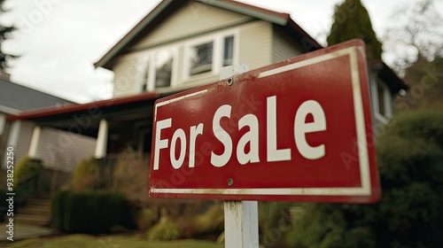 A closeup of a red and white "For Sale" sign standing in front of a house, focus on the sign.