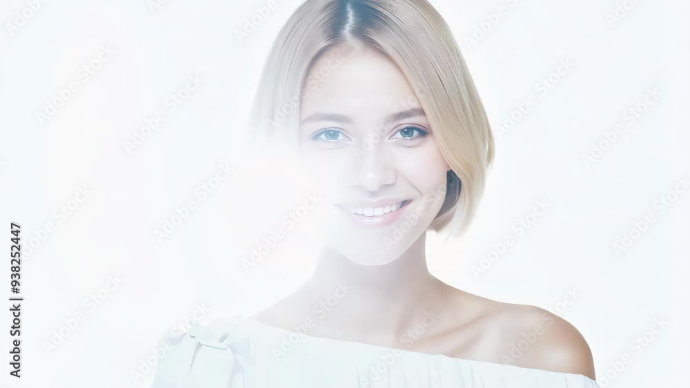 Caucasian model with short blonde hair smiling gently in white outfit on white background Caucasian model with short blonde hair smiling gently in white outfit on white background
