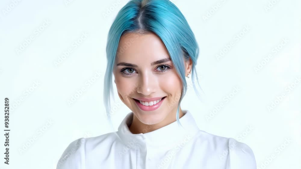 Model with pastel blue hair smiling shyly in white outfit on plain background Model with pastel blue hair smiling shyly in white outfit on plain background