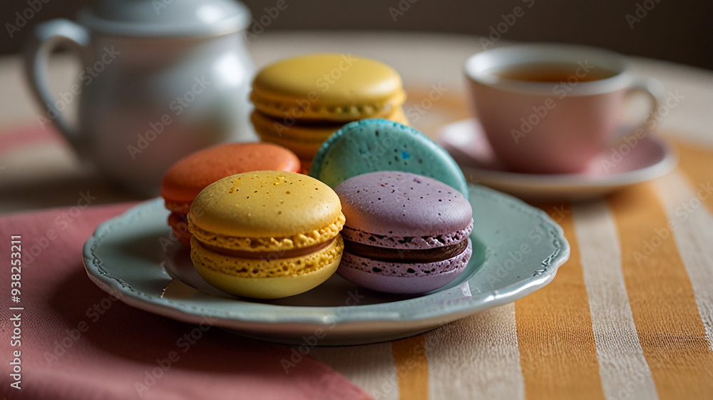 Obraz premium A Close-up Of Colorful French Macarons Arranged Neatly On A Delicate Plate, With A Cup Of Tea Beside Them, Food Image