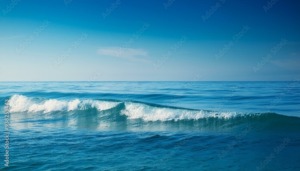 Fototapeta premium The ocean is calm and blue, with a gentle wave rolling in