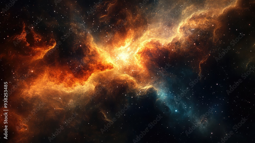 Fototapeta premium Abstract galactic textures featuring a mix of nebulous clouds and bright celestial formations in a dark, dramatic setting.