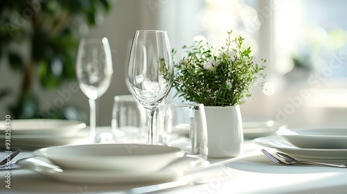 Dining table set with white plates, silver cutlery, and a centerpiece of a small bouquet of flowers.