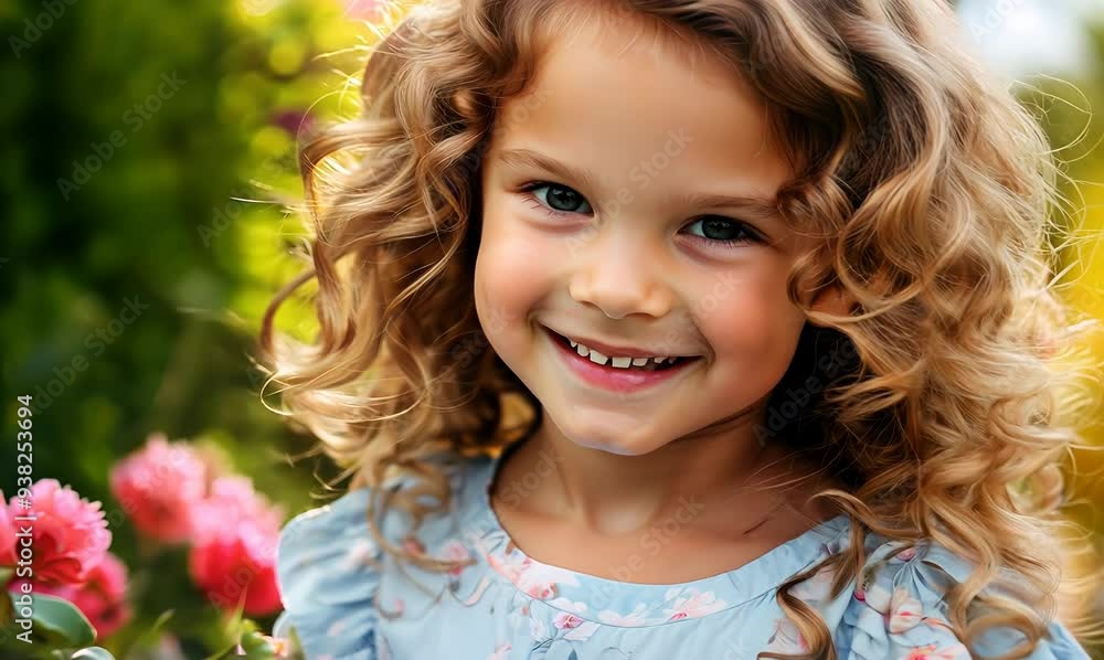 portrait of smiling little girl with curly hair in floral dress outdoors portrait of smiling little girl with curly hair in floral dress outdoors