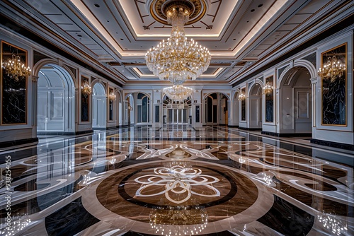 A grand luxury lobby featuring an opulent crystal chandelier hanging from a high ceiling, with polished marble floors reflecting the intricate pattern photo