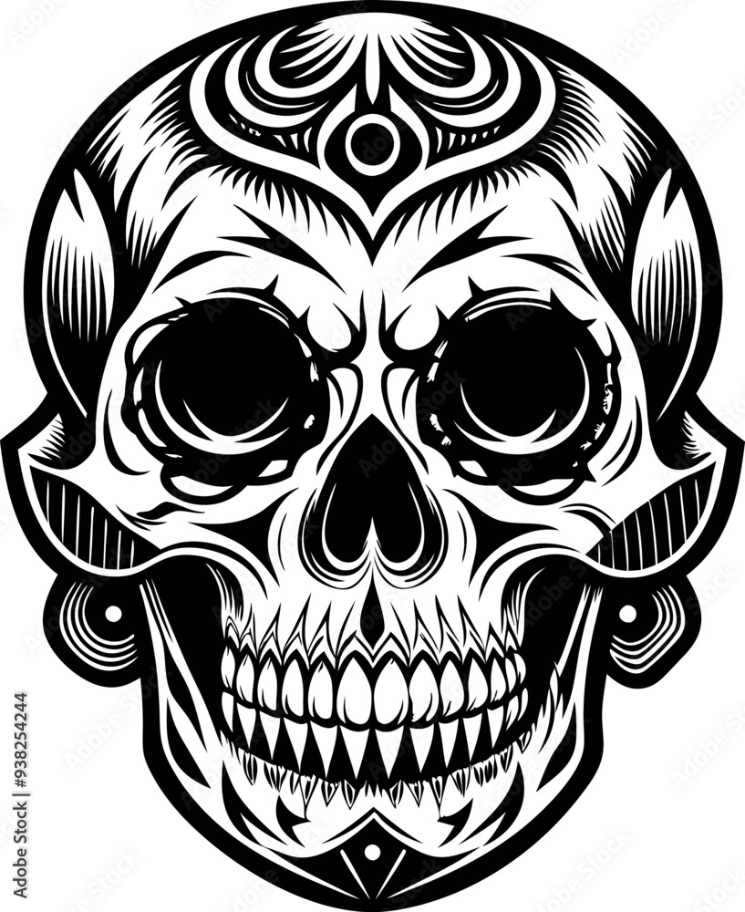 Fototapeta premium A black and white drawing of a skull with a black outline