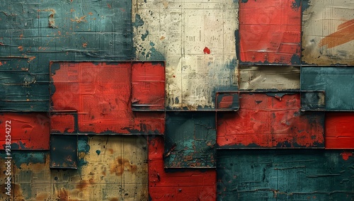 abstract composition of newspaper texture in the style of cubism, red and teal colors