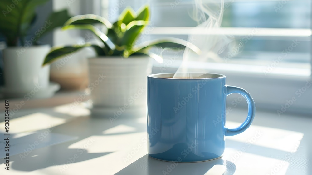 Blue Coffee Mug with Steam on White Desk Blue Coffee Mug with Steam on White Desk
