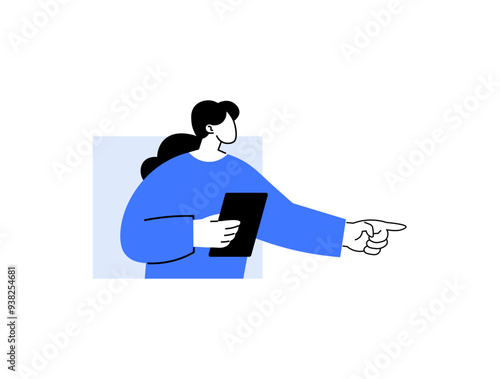 A person holding a tablet and pointing forward, symbolizing decision-making, direction, and digital guidance. Use in tech navigation, digital tools, modern decision-making, and online directions photo