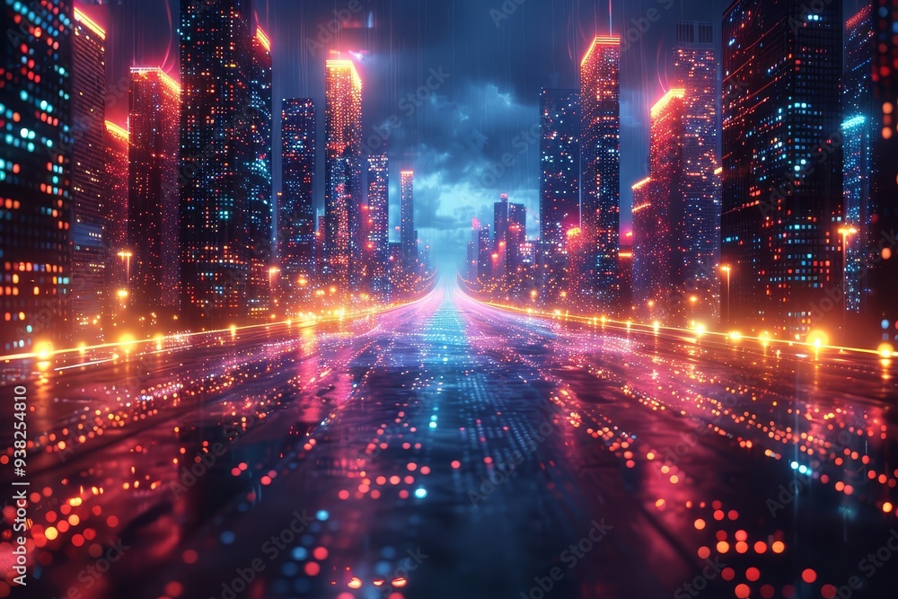 Fototapeta premium Abstract digital background with neon lights and glowing squares.