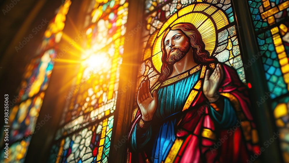 Fototapeta premium Stained Glass Window Featuring Jesus Christ in Prayer, Church Art