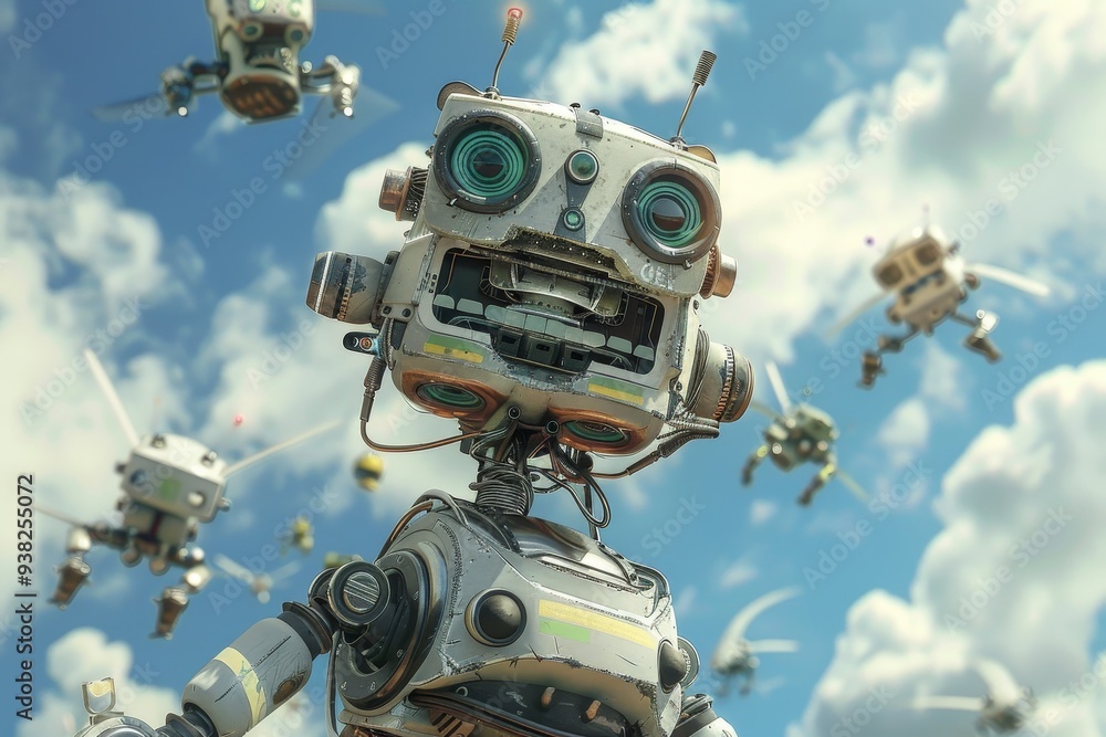 robot with orange eyes standing in front of group of flying objects, futuristic robot with goofy expression on its face, surrounded by flying gadgets robot with orange eyes standing in front of group of flying objects, futuristic robot with goofy expression on its face, surrounded by flying gadgets