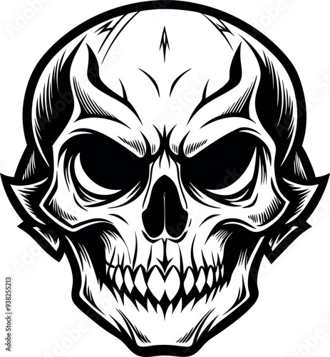 A black and white drawing of a skull with a black outline