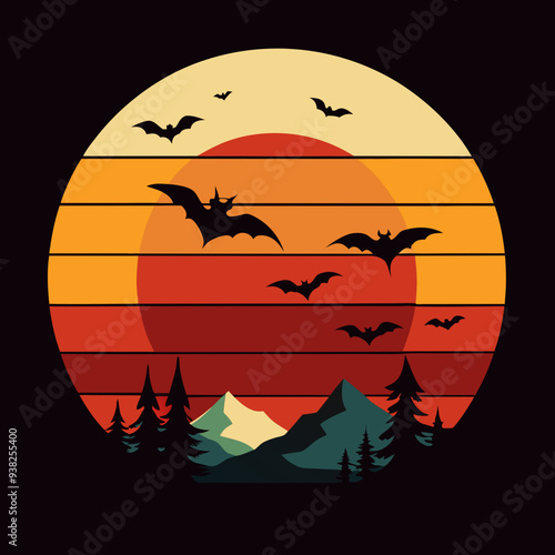 Halloween Sunset with Bats and Moon T-Shirt Design