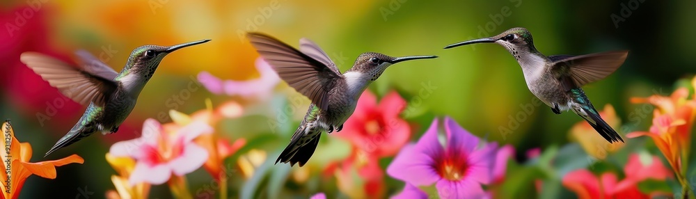 Three hummingbirds flit around vibrant flowers in a colorful garden, capturing the essence of nature's beauty and grace. Three hummingbirds flit around vibrant flowers in a colorful garden, capturing the essence of nature's beauty and grace.