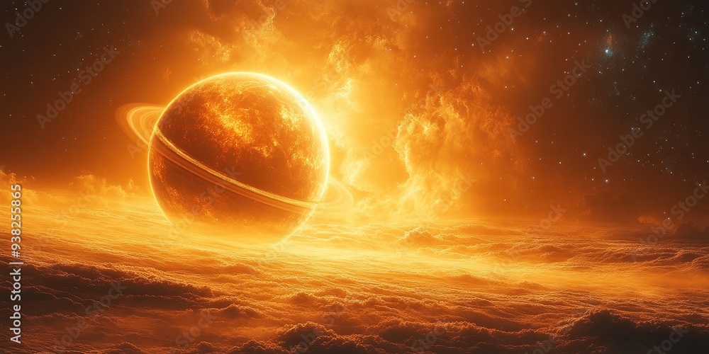 Obraz premium Fiery Planet with Rings and Clouds in a Starry Sky