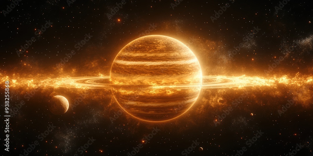 Glowing Gas Giant Planet with Rings and Stars Glowing Gas Giant Planet with Rings and Stars