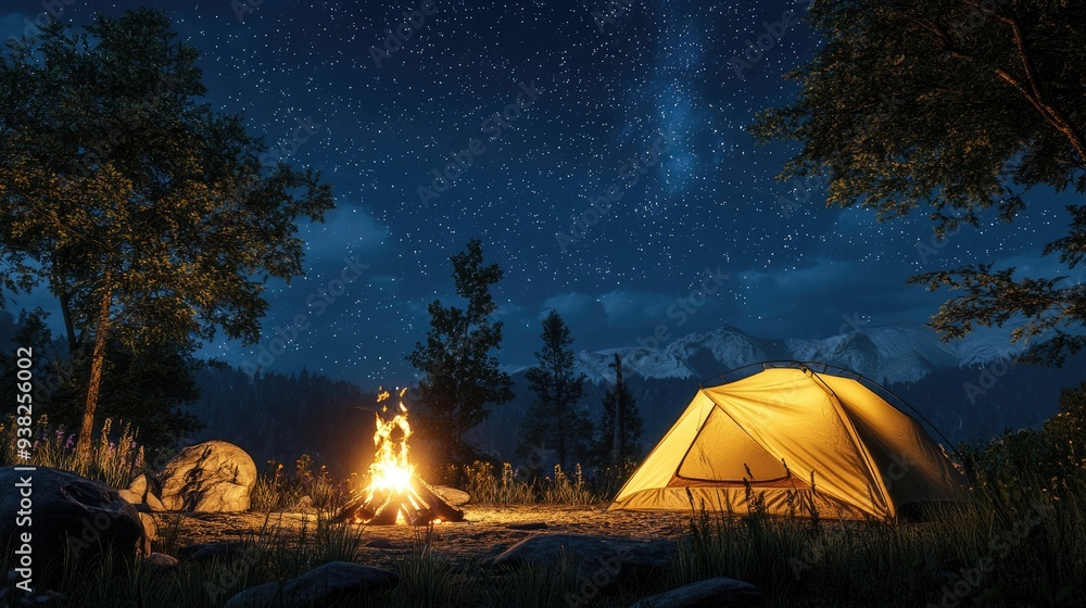 A serene campsite with a tent and bonfire under a sparkling night sky. A serene campsite with a tent and bonfire under a sparkling night sky.