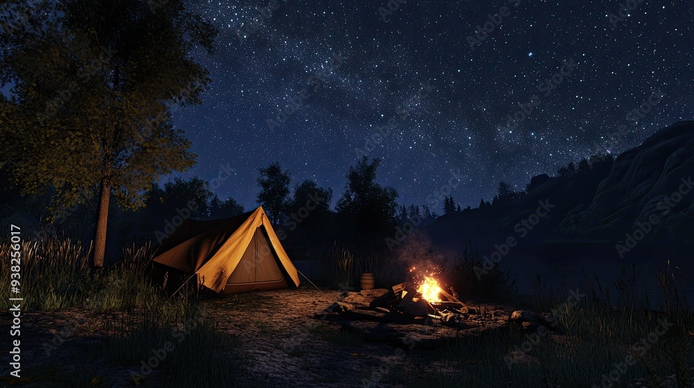A serene campsite with a tent and bonfire under a sparkling night sky. A serene campsite with a tent and bonfire under a sparkling night sky.