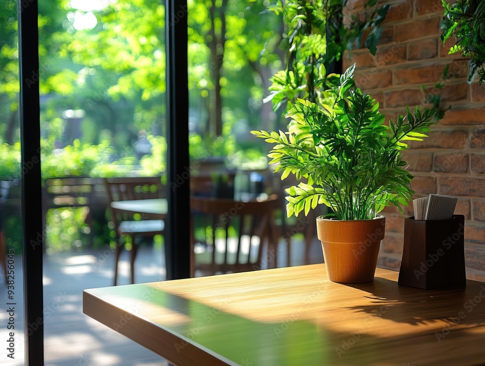 A serene cafe interior with a wooden table and a green plant, creating a cozy and inviting atmosphere amid natural light. A serene cafe interior with a wooden table and a green plant, creating a cozy and inviting atmosphere amid natural light.