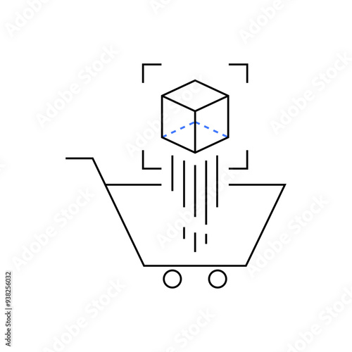 Stylized shopping cart with a 3D box above, symbolizing online shopping and augmented reality. The design is minimalistic, with clean lines and a touch of blue highlighting the virtual product