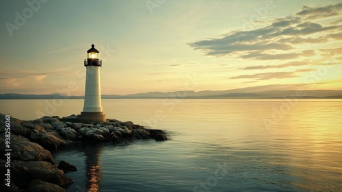 A serene lighthouse guiding ships safely into the harbor, surrounded by calm waters.