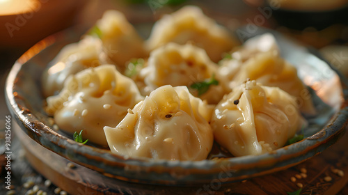 Close-up of freshly prepared manti served on rustic plate in inviting setting. Generative by AI