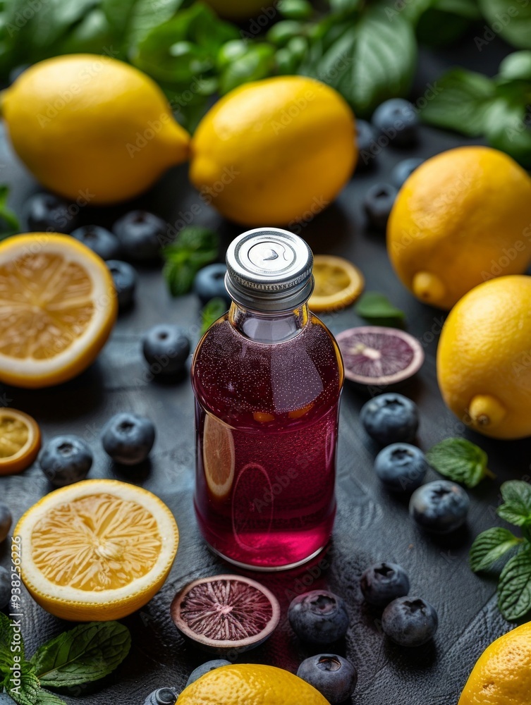 Colorful bottles of fruit juices surrounded by fresh produce on pastel background Colorful bottles of fruit juices surrounded by fresh produce on pastel background