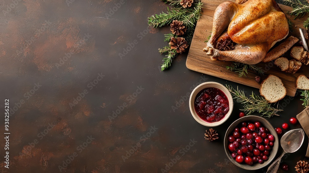 Juicy roasted turkey with golden brown skin, served with cranberry sauce, festive and traditional Juicy roasted turkey with golden brown skin, served with cranberry sauce, festive and traditional