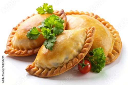 Three golden brown empanadas with a flaky crust and a savory filling are arranged on a white background, garnished with fresh parsley and a ripe tomato, symbolizing deliciousness, comfort food, homema photo