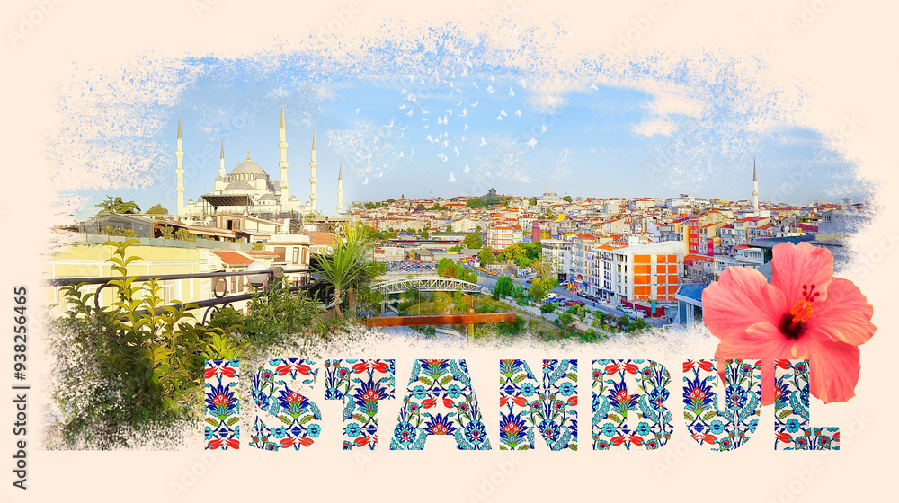 Fototapeta premium Art collage or design about Istanbul at Turkey - travel and nature background - Street view in Sultanahmet. This is the most popular tourist place in Istanbul.