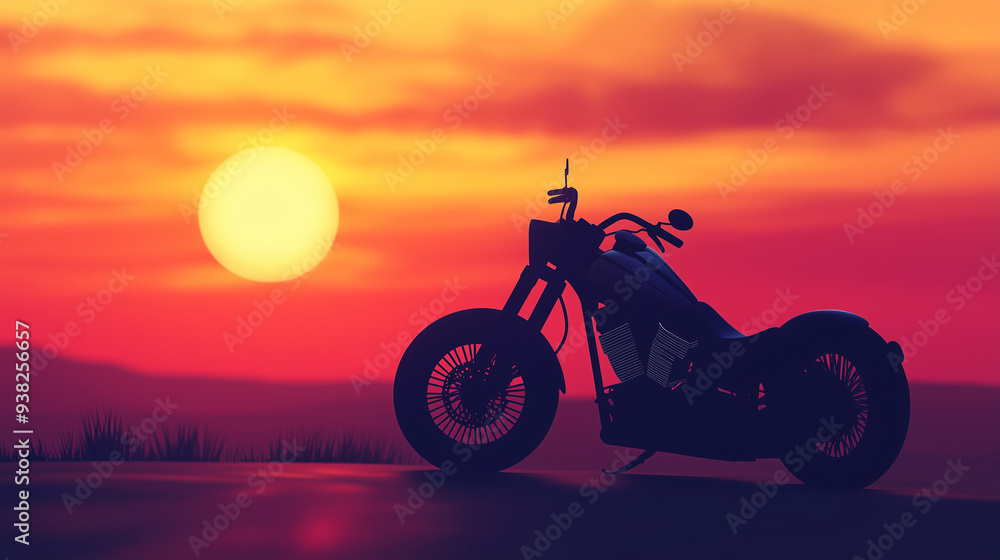 Silhouette of a motorcycle against a vibrant sunset sky, symbolizing freedom and adventure Silhouette of a motorcycle against a vibrant sunset sky, symbolizing freedom and adventure