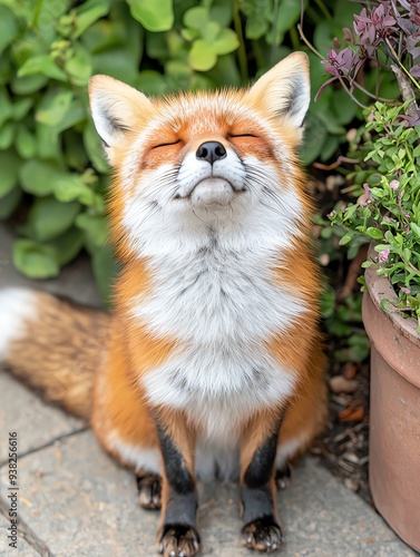 A cute red fox sitting with its eyes closed and a smile on its face. photo